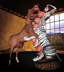 anthro ass big_breasts boobipede breasts chiron178 creepy equine feline female feral horse huge_breasts hybrid hyper licking lips monster multi_breast mutant nightmare_fuel nipples sex swollen taur teats tiger tongue udders vein veiny warm_colors what white_tiger yuri