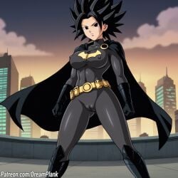 ai_generated batman_(cosplay) cameltoe cape caulifla city dragon_ball_super dreamplank erect_nipples suit superhero tight_clothing