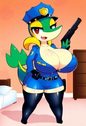 absurd_res ai_generated anthro belt big_breasts bottomwear breasts cleavage clothed clothing curvy_figure cute_fangs eyelashes female footwear generation_5_pokemon gun handcuffs hat headgear headwear hellsonger hi_res holding_object holding_weapon huge_breasts legwear looking_at_viewer metal_cuffs nintendo non-mammal_breasts open_mouth pokemon pokemon_(species) police police_hat police_uniform ranged_weapon red_eyes reptile scalie smile solo thick_thighs thigh_highs topwear uniform weapon wide_hips