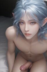 1boy 1male ai_generated balls bed big_penis blue_eyes blue_hair colored_pubic_hair elf elf_ears elf_male epic_fantasy_whore erection femboy feminine_male looking_at_viewer male male_nipples male_only messy_hair nai_diffusion nude nude_male on_bed original_character pale-skinned_male parted_lips penis pointy_ears pubic_hair shoulder_length_hair solo solo_male