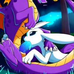 1boy 1boy1girl 1girls ai_generated bioluminescence black_sclera blowjob blue_penis blue_tongue claws crossover draconic_penis furry ori_(series) outdoors purple_body purple_scales saliva_trail spyro spyro_the_dragon tongue_out_blowjob white_body yellow_underbelly yiff