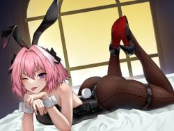 1boy 1boys :p ass astolfo_(fate) bed bedroom bunny_boy bunny_ears bunnysuit fake_animal_ears fate/apocrypha fate/grand_order fate_(series) femboy high_heels large_ass laying_down laying_on_bed looking_at_viewer male_only on_bed pantyhose pink_hair purple_eyes syde_b thick_thighs thigh_band thighs tongue tongue_out two-tone_hair white_hair wink