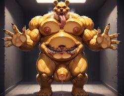 ai_generated anthro balls bear big_balls big_penis booster_rex brown_body brown_skin five_nights_at_freddy's five_nights_at_freddy's_4 fnaf gay male muscular nightmare_fredbear_(fnaf) penis precum scary scary_eyes scary_face scary_smile scottgames