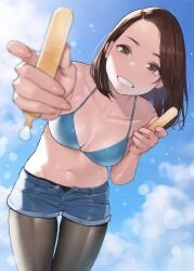 big_breasts bra curvy_figure dark_hair douki-chan's_rival_(yomu_(sgt_epper)) female female_only full_body ganbare_douki-chan half-dressed half_naked light-skinned_female light_skin looking_at_viewer panties shiny_skin short_hair simple_background smile solo solo_female yomu_(sgt_epper)