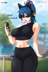 1girls background big_breasts blue_eyes blue_hair bubble_gum clothed female fortnite fortnite:_battle_royale glasses heroic_hope_(fortnite) hope_(fortnite) looking_at_viewer looking_over_eyewear looking_over_sunglasses myst pants phone solo sunglasses thick_thighs tinted_eyewear yhw