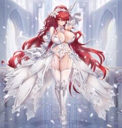 absurdres breasts bride detached_sleeves dress elesis_(elsword) elsword falling_petals female flower full_body garter_belt gloves hair_flower hair_ornament highres holding holding_sword holding_weapon huge_breasts huge_weapon indoors leotard long_hair long_sleeves petals red_eyes red_hair reflection reflective_floor rourou_(been) shoes showgirl_skirt solo sword sword_behind_back thighhighs very_long_hair weapon white_dress white_flower white_footwear white_gloves white_leotard white_theme white_thighhighs