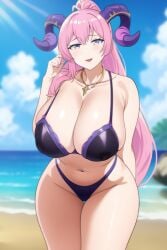 1girl 1girls ai_generated almond_eyes beach bikini blurry_background bra breasts cleavage clouds cowboy_shot fire_emblem fire_emblem_heroes gigantic_breasts goat_horns high_ponytail horns huge_breasts long_hair mature_female milf necklace nerthuz_(fire_emblem) pink_hair pixai ponytail purple_bikini purple_bra purple_eyes purple_thong rock sand seaside seductive seductive_eyes seductive_look seductive_smile self_upload solo thick_thighs thong wide_hips