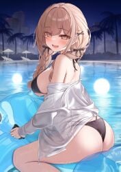 amber_eyes ass bikini blush breasts cute_fang female imouto-chan_(monaka_curl) large_breasts monaka_curl open_shirt pool pool_toy see_through swimsuit thong twin_braids wet