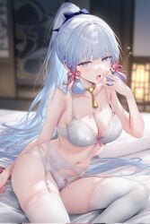 1girls 2024 2d 2d_(artwork) ai ai_generated belly_button blue_eyes blue_hair bra cleavage female female_focus female_only front_view genshin_impact high_resolution highres indoors kamisato_ayaka light-skinned_female light_skin lingerie long_hair long_ponytail looking_at_viewer medium_breasts mochimochirice mole mole_under_eye navel ponytail sitting slim_girl solo solo_female solo_focus thong white_bra white_lingerie white_thighhighs white_thong young younger_female