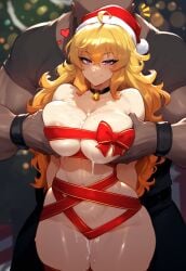 1boy 1girls ai_generated bell_collar birthday_suit blonde_hair christmas_wrapped collar cum_on_body cum_on_breasts cum_on_thighs dark-skinned_male faceless_male female female_focus groping groping_breasts groping_from_behind large_breasts larger_male long_hair purple_eyes rwby seductive_look seductive_smile self_upload size_difference smirk smirking_at_viewer thick_thighs yang_xiao_long