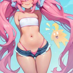 ai_generated blue_eyes cameltoe clothed flat_chest hip_dips milim_nava panties pink_hair short_shorts smile that_time_i_got_reincarnated_as_a_slime thighs thong_straps tubetop tummy twintails young