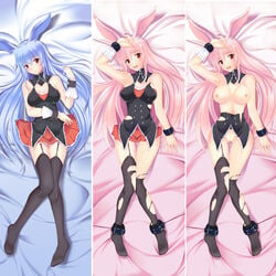 animal_ear arm_up black_legwear blue_hair bound_ankles bound_wrists breasts bunny_ear comparison d: dakimakura dakimakura_design detached_collar female garter_straps high_resolution knees_together_feet_apart kurousagi_(mondaiji) legs mondaiji_tachi_ga_isekai_kara_kuru_sou_desu_yo? multiple_persona nipples no_bra no_panties open_mouth pink_hair problem_children_are_coming_from_another_world pussy red_eyes sakura_kaoru skirt thigh_gap thighhighs torn_clothes torn_skirt torn_thighhighs uncensored