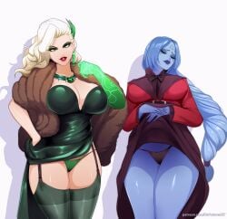 2girls big_breasts blonde_hair blue-skinned_female blue_hair blue_skin closed_eyes clothes_lift deadlock dress eyeshadow female female_only fur_scarf garter_straps green_eyes green_stockings hi_res lady_geist light-skinned_female light_skin long_hair looking_at_viewer mascara mascara_tears mature_female nofuture panties purple_lipstick red_lipstick skirt_lift smiling smiling_at_viewer stockings thick_thighs tied_hair vindicta_(deadlock) white_background