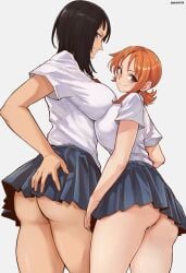 2girls alternate_costume aosora artist_name ass asymmetrical_docking bare_legs black_hair blush breast_press breasts female female_only grey_skirt highres large_breasts looking_at_viewer miniskirt multiple_girls nami nami_(one_piece) nico_robin one_piece orange_hair panties panty_peek pleated_skirt pre-timeskip profile school_uniform shirt short_sleeves simple_background skirt skirt_rolled_up smile underbutt underwear white_background white_shirt