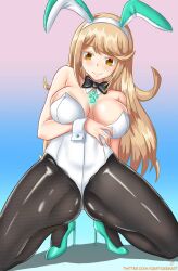 1girls blonde_hair bowtie breasts bunny_ears core_crystal detached_collar earrings fake_animal_ears high_heels icesticker icestickerart kneeling large_breasts leotard long_hair looking_at_viewer mythra nintendo pantyhose playboy_bunny white_leotard wrist_cuffs xenoblade_(series) xenoblade_chronicles_2 yellow_eyes