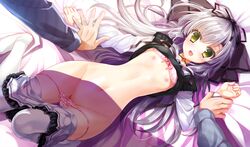 bed flat_chest game_cg navel nipples open_mouth panties silver_hair takagi_sana underwear wide_hips yellow_eyes