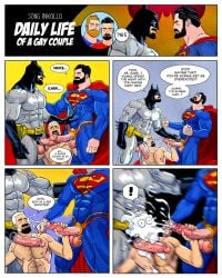 abs balls bara batman batman_(bruce_wayne) batman_(series) beard biceps big_balls big_penis bruce_wayne clark_kent clothing cum cum_on_face daddy dc dc_comics ejaculation english_text erection gay genital_fluids handjob inkolloart male male/male male_nipples male_only manly masked masturbation mature_male multiple_boys muscular muscular_male nipples nude orgasm pecs penis superhero superman superman_(series) text tight_clothing