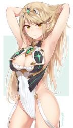 1girls adjusting_hair blonde_hair breasts cleavage_cutout clothing_cutout core_crystal earrings highleg highleg_leotard large_breasts leotard long_hair looking_at_viewer mythra nintendo robosquat tiara white_leotard xenoblade_(series) xenoblade_chronicles_2 yellow_eyes