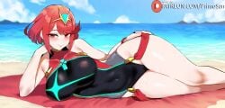 ai_generated beach hand_on_hip head_rest large_ass large_breasts looking_at_viewer lying on_side one-piece_swimsuit primosan pussy_juice pyra_(xenoblade) red_eyes red_hair short_hair smile swimsuit xenoblade_(series)