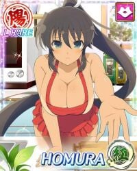 1girls apron blue_eyes breasts brown_hair cutting_board fu-reiji homura_(senran_kagura) kitchen large_breasts looking_at_viewer microwave naked_apron plant ponytail potted_plant senran_kagura sink tanline window