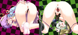 2girls anus ass bent_over black_socks blush bottomless breasts censored eyeball frilled_legwear frilled_socks from_behind green_eyes green_hair hairband hat heart high_resolution knee_socks kneehighs kneesocks koishi_komeiji looking_back multiple_girls nipples no_panties noir846 open_mouth purple_eyes purple_hair pussy satori_komeiji short_hair siblings sisters smile socks spread_anus spread_legs spread_pussy third_eye touhou white_socks