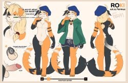 absurd_res anthro balls beret biped blonde_hair chastity_cage chastity_device closed_eyes clothed clothing domestic_cat english_text erection felid feline felis fermusieboir4 flaccid foreskin fur genitals glans green_eyes hair hat headgear headwear hi_res humanoid_genitalia humanoid_penis kiro_(fermusieboir4) male mammal model_sheet one_eye_closed penis solo tail text