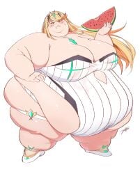 1girls bbw blonde_hair jeetdoh mythra nintendo obese plus_size ssbbw tagme watermelon xenoblade_(series) xenoblade_chronicles_2