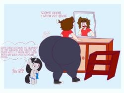 1boy :3 anthro ass bathroom black_hair brown_eyes brown_hair english_text femboy grey_body hips hyper hyper_ass large_ass male male_focus male_only mirror mirror_reflection pankequekun pony text thick_thighs thighs thought_bubble thunder_thighs toothbrush unicorn unicorn_pony wide_hips