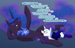 alicorn dark_persona english_text equid equine fellatio female feral feral_on_feral friendship_is_magic futa_on_female futanari hair hasbro moonatik my_little_pony nightmare_moon_(mlp) open_mouth oral princess_luna_(mlp) purple_hair rarity_(mlp) text unicorn