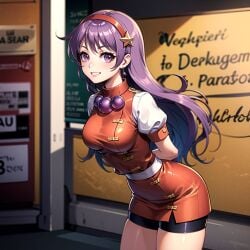 ai_generated athena_asamiya bending_forward big_ass big_breasts bike_shorts clothed earrings female hair_ornament hands_behind_back king_of_fighters light-skinned_female light_skin long_hair necklace purple_eyes purple_hair short_sleeves skirt standing star tight_clothes tight_clothing