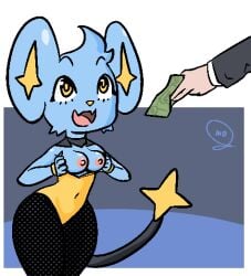 2020 aliasing anthro anthrofied biped blue_body blue_fur breasts clothed clothing digital_drawing_(artwork) digital_media_(artwork) eyelashes felid female fingers fishnet_clothing fishnet_legwear flashing fur generation_4_pokemon legwear leotard mammal mdjoe money nintendo nipples offering_money open_mouth pokemon pokemon_(species) pokemorph presenting presenting_breasts prostitution shinx signature simple_background smile solo standing tuft undressing