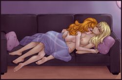 2girls anthro billiew blonde_hair blush breasts carrot_top_(mlp) couch derpy_hooves female female_only friendship_is_magic furry golden_harvest holding_hands human humanized long_hair lying multiple_girls my_little_pony nipples nude orange_hair personification sleeping smile yuri