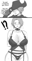 before_and_after blush blush breasts comic_page dialogue earring final_fantasy_xiv hat hyur inviting jamjam large_breasts lingerie looking_at_viewer monochrome panties short_hair zero_(ffxiv)