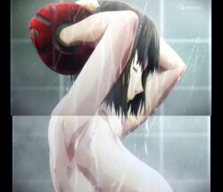 arms_up bath black_hair breasts female female_only god_eater large_breasts pale-skinned_female screenshot short_hair tachibana_sakuya