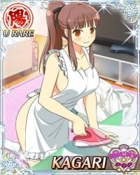 1girls apron breasts brown_hair button_down_shirt couch fu-reiji hair_ribbon ironing_board kagari_(senran_kagura) kneeling large_breasts living_room looking_at_viewer naked_apron ponytail red_eyes senran_kagura shirt socks television white_shirt