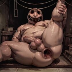 ai_generated anal_gape anus ass balls bara barazoku buckshot_roulette dealer_(buckshot_roulette) fat fat_ass fat_man gape gaping gaping_anus gay humanoid inviting leg_lift lying_on_ground male_only mantits moobs nightmare_fuel nipples no_eyes on_back one_leg_raised one_leg_up overweight overweight_male pecs penis presenting presenting_hindquarters sharp_teeth spreading stable_diffusion