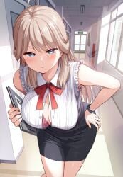 1girls :t ahoge anatatachi_soredemo_sensei_desu_ka! big_breasts black_skirt blonde_hair blue_eyes blush bow bowtie bra bra_peek breasts button_gap closed_mouth collared_shirt commentary_request day frilled_shirt frills half-closed_eyes hallway hand_on_own_hip holding indoors ishizaka_ryuudai leaning_forward long_hair looking_at_viewer partially_unbuttoned pencil_skirt pink_bra pout red_bow red_bowtie shinozaki_kimiko shirt skirt sleeveless sleeveless_shirt solo standing sunlight transom_window underwear v-shaped_eyebrows watch white_shirt window wristwatch