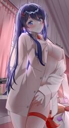 absurdres alarm_clock artist_name blue_eyes blue_hair blush bow breasts clock diguo_keran_wu female female_masturbation highres hitachi_magic_wand indoors kind_mita_(miside) long_hair long_sleeves looking_at_viewer masturbation medium_breasts miside mita_(miside) mixed-language_commentary naked_shirt navel open_clothes open_shirt red_bow sex_toy shirt solo standing_masturbation thigh_strap thighs vibrator white_shirt