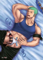 1boy abs after_sex armpits balls bara bed censor_bar censored censored_penis censored_testicles closed_eyes clothes_lift condom cum cum_on_self cum_on_upper_body earrings fundoshi fundoshi_aside green_hair hand_on_head lying male male_only muscles muscular muscular_arms muscular_male one_piece pants_down pecs porkjinta rokushaku_fundoshi roronoa_zoro scar semen short_hair sleeping solo tanktop used_condom white_fundoshi