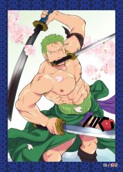 1boy abs bara censor_bar censored censored_penis cherry_blossoms erection frown goshingo1 green_hair haramaki holding_object male male_only muscles muscular muscular_arms muscular_male object_in_mouth one_piece pecs roronoa_zoro scar scar_on_chest scar_on_face short_hair solo