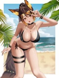 animal_ears beach bikini breasts brown_hair choker cleavage hellhound huge_breasts indie_virtual_youtuber multicolored_hair orange_eyes orange_hair outdoors ponytail sinder_(vtuber) sunglasses swimsuit tail tan_skin tanline trixiedazzles two-tone_hair very_long_hair virtual_youtuber wide_hips wolf_ears wolf_girl wolf_tail