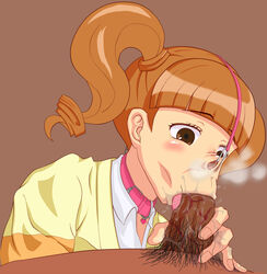 1boy :>= blush bondage brown_eyes brown_hair censored clothed collar erection fellatio female hair heart interracial licking male_pubic_hair nose_hook nude onegai_my_melody oral penis revelob saliva sanrio simple_background slave tied_hair tongue tongue_out twintails veins veiny_penis yumeno_uta