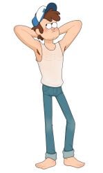 1boy 1male aged_up arms_behind_head arms_up barefoot black_eyes blush blushing brown_hair cartoony clothed colored curly_hair digital_drawing_(artwork) digital_media_(artwork) dipper_pines feet flexing_arms gravity_falls hairy_armpits hat hotfiresu human jeans looking_away male male_nipples male_only manly muscular_male nipples no_shoes not_ai_generated safe safe_for_work see-through see-through_clothing see-through_shirt see-through_top shaded short_hair shy stubble t-shirt thin_waist toony undershirt wearing_hat wet_t-shirt white_background