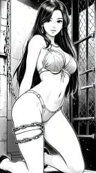 bikini bikini_bottom bikini_top bra chained chained_legs chains earrings female female_focus female_only imprisoned imprisonment long_hair looking_at_viewer manga_style milf on_knees on_the on_the_floor panties prison prisoner