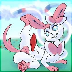 animal_genitalia balls border bow bowtie c2d2 canid canine cloud color digital_media_(artwork) flower genitals grass legs_up looking_at_viewer outdoors outside pawpads paws penis pokemon pokemon_(species) pokephilia ribbon shaded sharp_teeth smile sparkles spread_legs sylveon zoophilia