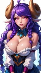 ai_generated bare_shoulders big_breasts braid breasts choker cleavage cute dress firm_breasts hands_together horns kindred large_breasts league_of_legends looking_at_viewer portrait riot_games round_breasts sheep shy sky4maleja smile spirit_blossom_series upper_body white_background