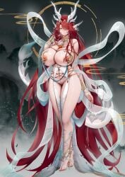 absurdres breasts collar dragon_girl dragon_horns elesis_(elsword) elsword feet female fingernails floating full_body grey_nails hair_over_one_eye hand_in_own_hair highres horns huge_breasts legs long_fingernails long_hair metal_collar nipples no_shoes orange_eyes red_hair rourou_(been) solo toenails toes very_long_hair wide_hips