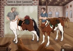 balls beard centaur crossed_arms facial_hair lykostherium male male_only mirror penis saddle sheath taur