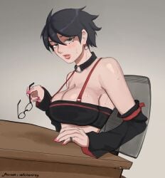 1girls absurd_res absurdres arm_warmers armwear bare_shoulders big_breasts bimbo black_eyes black_hair blush boruto:_naruto_next_generations boruto:_two_blue_vortex busty choker cleavage collar crop_top desk ear_piercing earrings female female_focus female_only glasses glasses_removed hi_res high_resolution highres jewelry large_breasts light-skinned_female light_skin lips lipstick long_fingernails long_nails looking_at_viewer makeup messy_hair naruto naruto_(series) pale-skinned_female pale_skin pink_lips pink_lipstick pink_nail_polish pink_nails pixie_cut ring sarada_uchiha short_hair shounen_jump shueisha sideboob sitting sitting_on_chair skimpy skimpy_clothes solo solo_female solo_focus tomboy tubetop uchiha_sarada uchiha_symbol uchihaniray very_high_resolution voluptuous voluptuous_female weekly_shonen_jump