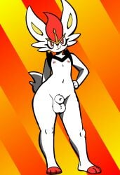 animal_genitalia anthro balls cinderace front_view fully_sheathed generation_8_pokemon genitals hi_res lagomorph long_ears male mammal nintendo nipples pirpole_haze pokemon pokemon_(species) red_eyes sheath simple_background slim smile solo standing wide_hips